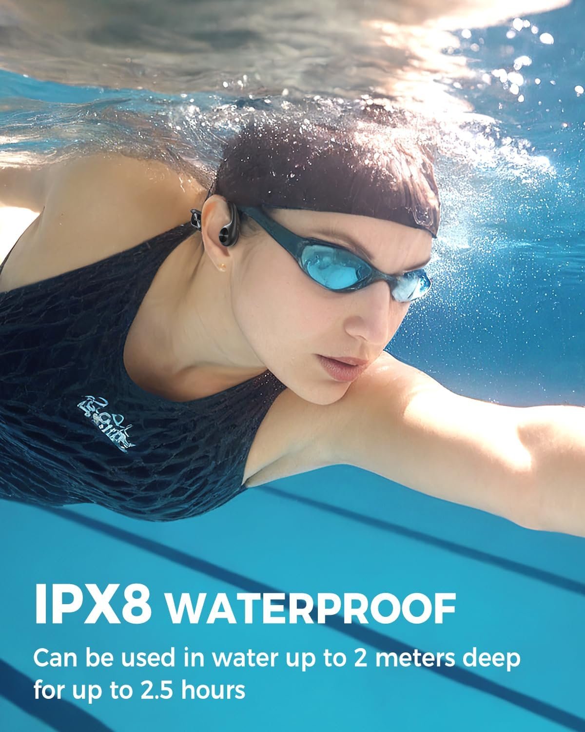 سماعات رأس للسباحة بتصنيف IPX8 مقاومة للماء، مما يجعلها الرفيق المثالي لمحبي السباحة، الجري، وركوب الدراجات.