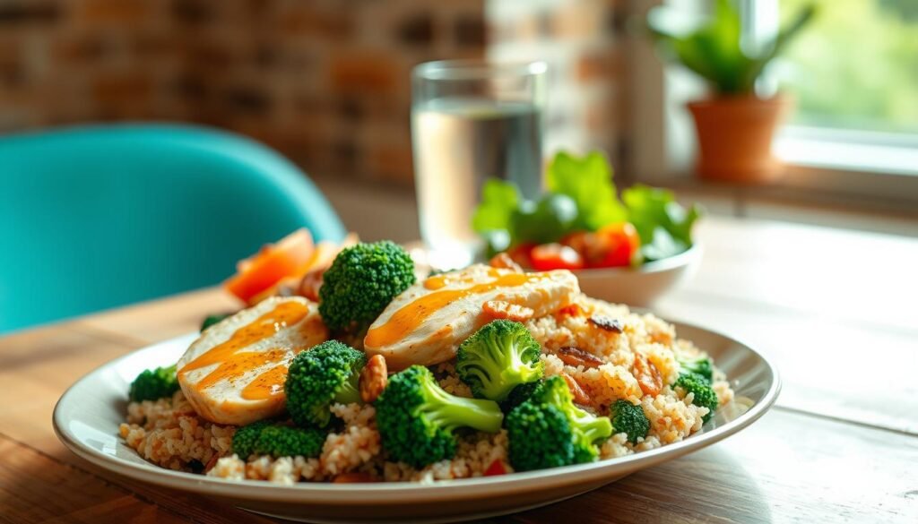 A balanced and satiating midday meal, featuring a vibrant arrangement of fresh vegetables, lean protein, and wholesome grains. In the foreground, a platter showcases a harmonious mix of steamed broccoli, sautéed chicken breast, and quinoa, drizzled with a light, flavorful dressing. In the middle ground, a glass of water and a small side salad with crisp lettuce, juicy tomatoes, and a sprinkle of roasted nuts add texture and nutrients. The background is softly blurred, creating a calm, inviting atmosphere that encourages mindful, healthy eating. Warm, natural lighting from a large window casts a gentle glow, highlighting the vibrant colors and clean, balanced presentation of this nourishing lunch option. A balanced and satiating midday meal, featuring a vibrant arrangement of fresh vegetables, lean protein, and wholesome grains. In the foreground, a platter showcases a harmonious mix of steamed broccoli, sautéed chicken breast, and quinoa, drizzled with a light, flavorful dressing. In the middle ground, a glass of water and a small side salad with crisp lettuce, juicy tomatoes, and a sprinkle of roasted nuts add texture and nutrients. The background is softly blurred, creating a calm, inviting atmosphere that encourages mindful, healthy eating. Warm, natural lighting from a large window casts a gentle glow, highlighting the vibrant colors and clean, balanced presentation of this nourishing lunch option.