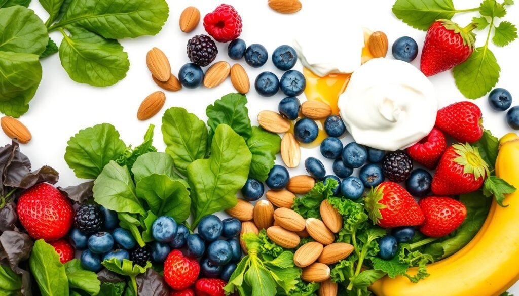 A beautifully arranged assortment of vibrant, fresh ingredients for a healthy smoothie: overflowing with leafy greens like spinach and kale, a variety of colorful berries including blueberries, raspberries, and strawberries, a ripe banana, a handful of almonds, a dollop of Greek yogurt, and a subtle drizzle of honey. The ingredients are neatly organized against a pristine white background, accentuated by soft, natural lighting that casts gentle shadows and highlights the rich textures and vibrant colors. The composition conveys a sense of balance, wellness, and the purity of a nutritious, weight-loss-friendly smoothie. A beautifully arranged assortment of vibrant, fresh ingredients for a healthy smoothie: overflowing with leafy greens like spinach and kale, a variety of colorful berries including blueberries, raspberries, and strawberries, a ripe banana, a handful of almonds, a dollop of Greek yogurt, and a subtle drizzle of honey. The ingredients are neatly organized against a pristine white background, accentuated by soft, natural lighting that casts gentle shadows and highlights the rich textures and vibrant colors. The composition conveys a sense of balance, wellness, and the purity of a nutritious, weight-loss-friendly smoothie.
