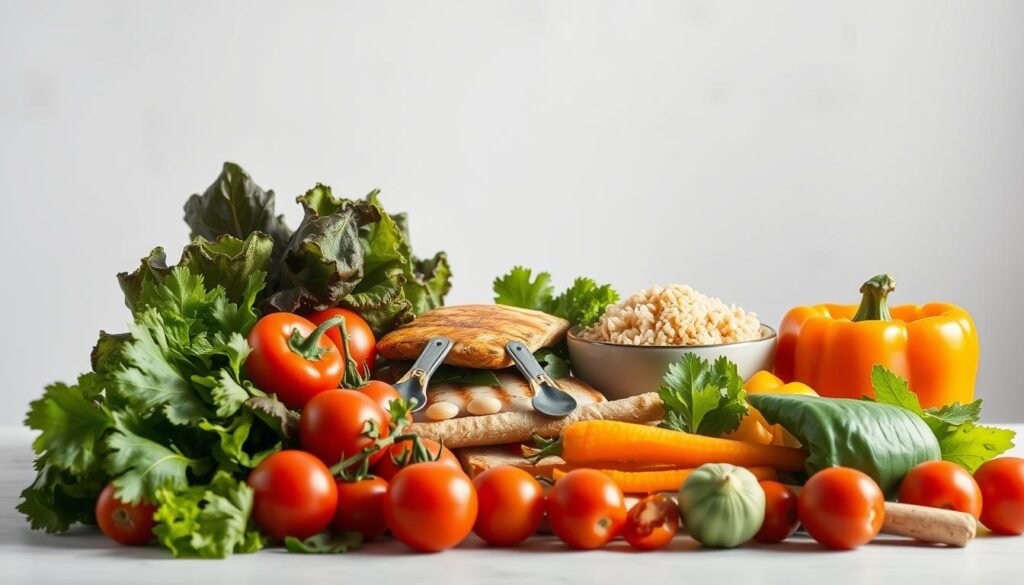 A beautifully lit, minimalist still life scene depicting the essentials of a healthy, easy-to-prepare meal for weight loss. In the foreground, a variety of fresh, vibrant vegetables like leafy greens, tomatoes, and bell peppers are arranged neatly. In the middle ground, a lean protein source such as grilled chicken or fish is placed alongside a portion of whole grains like brown rice or quinoa. The background features a simple, neutral-toned backdrop, allowing the nutritious ingredients to take center stage. The lighting is soft and natural, creating a warm, inviting atmosphere. The overall composition conveys a sense of balance, simplicity, and the ease of preparing healthy, satisfying meals for weight management. A beautifully lit, minimalist still life scene depicting the essentials of a healthy, easy-to-prepare meal for weight loss. In the foreground, a variety of fresh, vibrant vegetables like leafy greens, tomatoes, and bell peppers are arranged neatly. In the middle ground, a lean protein source such as grilled chicken or fish is placed alongside a portion of whole grains like brown rice or quinoa. The background features a simple, neutral-toned backdrop, allowing the nutritious ingredients to take center stage. The lighting is soft and natural, creating a warm, inviting atmosphere. The overall composition conveys a sense of balance, simplicity, and the ease of preparing healthy, satisfying meals for weight management.