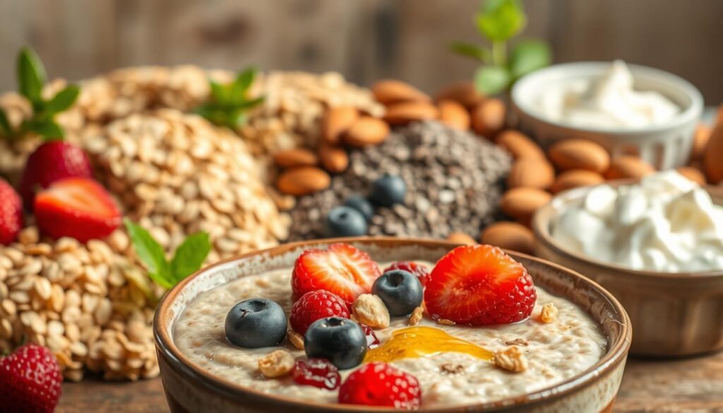 A bountiful arrangement of protein-rich oatmeal dishes, meticulously crafted with care and attention to detail. In the foreground, a steaming bowl of oatmeal, its surface adorned with fresh berries, nuts, and a drizzle of honey, exuding an inviting aroma. In the middle ground, a selection of vibrant ingredients - rolled oats, chia seeds, almonds, and Greek yogurt - arranged harmoniously, showcasing the nutritional wealth of this wholesome meal. The background is softly blurred, allowing the star ingredients to take center stage, bathed in warm, natural lighting that heightens the visual appeal. The overall composition conveys a sense of balance, health, and the comforting essence of a homemade, protein-rich oatmeal dish. A bountiful arrangement of protein-rich oatmeal dishes, meticulously crafted with care and attention to detail. In the foreground, a steaming bowl of oatmeal, its surface adorned with fresh berries, nuts, and a drizzle of honey, exuding an inviting aroma. In the middle ground, a selection of vibrant ingredients - rolled oats, chia seeds, almonds, and Greek yogurt - arranged harmoniously, showcasing the nutritional wealth of this wholesome meal. The background is softly blurred, allowing the star ingredients to take center stage, bathed in warm, natural lighting that heightens the visual appeal. The overall composition conveys a sense of balance, health, and the comforting essence of a homemade, protein-rich oatmeal dish.