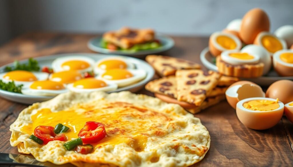 A bountiful display of high-protein egg dishes, artfully arranged on a rustic wooden table. In the foreground, a fluffy omelet with vibrant vegetables, lightly browned to perfection. Behind it, a plate of sunny-side-up eggs, their yolks glistening like golden orbs. In the middle ground, a stack of savory quiche slices, their flaky crusts and creamy fillings inviting exploration. In the background, a selection of hard-boiled eggs, their shells delicately peeled to reveal the nutrient-dense protein within. Soft, natural lighting bathes the scene, casting a warm, homey glow and emphasizing the fresh, wholesome qualities of these high-protein egg-based dishes. A bountiful display of high-protein egg dishes, artfully arranged on a rustic wooden table. In the foreground, a fluffy omelet with vibrant vegetables, lightly browned to perfection. Behind it, a plate of sunny-side-up eggs, their yolks glistening like golden orbs. In the middle ground, a stack of savory quiche slices, their flaky crusts and creamy fillings inviting exploration. In the background, a selection of hard-boiled eggs, their shells delicately peeled to reveal the nutrient-dense protein within. Soft, natural lighting bathes the scene, casting a warm, homey glow and emphasizing the fresh, wholesome qualities of these high-protein egg-based dishes.