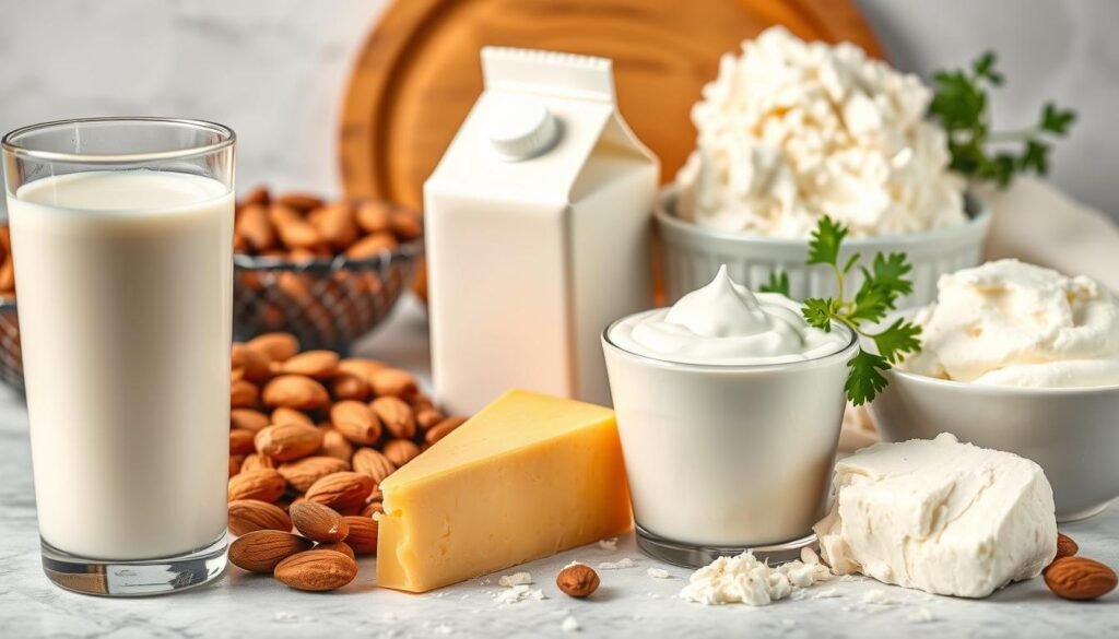A bountiful still life capturing an assortment of high-protein dairy products. In the foreground, a glass of creamy milk, a cup of thick Greek yogurt, and a wedge of rich, tangy cheese. In the middle ground, a carton of cottage cheese and a bowl of luscious sour cream. The background features a handful of whole almonds and a sprig of fresh parsley, lending a natural, earthy accent. Soft, diffused lighting illuminates the scene, highlighting the appetizing textures and colors of these nutritious dairy staples. The composition exudes a sense of health, wholesomeness, and culinary versatility. A bountiful still life capturing an assortment of high-protein dairy products. In the foreground, a glass of creamy milk, a cup of thick Greek yogurt, and a wedge of rich, tangy cheese. In the middle ground, a carton of cottage cheese and a bowl of luscious sour cream. The background features a handful of whole almonds and a sprig of fresh parsley, lending a natural, earthy accent. Soft, diffused lighting illuminates the scene, highlighting the appetizing textures and colors of these nutritious dairy staples. The composition exudes a sense of health, wholesomeness, and culinary versatility.