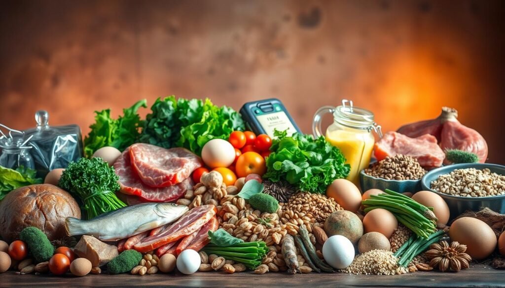 A bountiful still life displaying an array of protein-rich foods against a warm, natural backdrop. In the foreground, a diverse selection of meats, fish, eggs, and legumes are thoughtfully arranged. The middle ground features a variety of fresh greens, nuts, and whole grains, while the background depicts a rustic, earthy setting with subtle lighting. The composition conveys the nourishing abundance and importance of these nutrient-dense ingredients, inviting the viewer to appreciate their culinary and health benefits. A bountiful still life displaying an array of protein-rich foods against a warm, natural backdrop. In the foreground, a diverse selection of meats, fish, eggs, and legumes are thoughtfully arranged. The middle ground features a variety of fresh greens, nuts, and whole grains, while the background depicts a rustic, earthy setting with subtle lighting. The composition conveys the nourishing abundance and importance of these nutrient-dense ingredients, inviting the viewer to appreciate their culinary and health benefits.