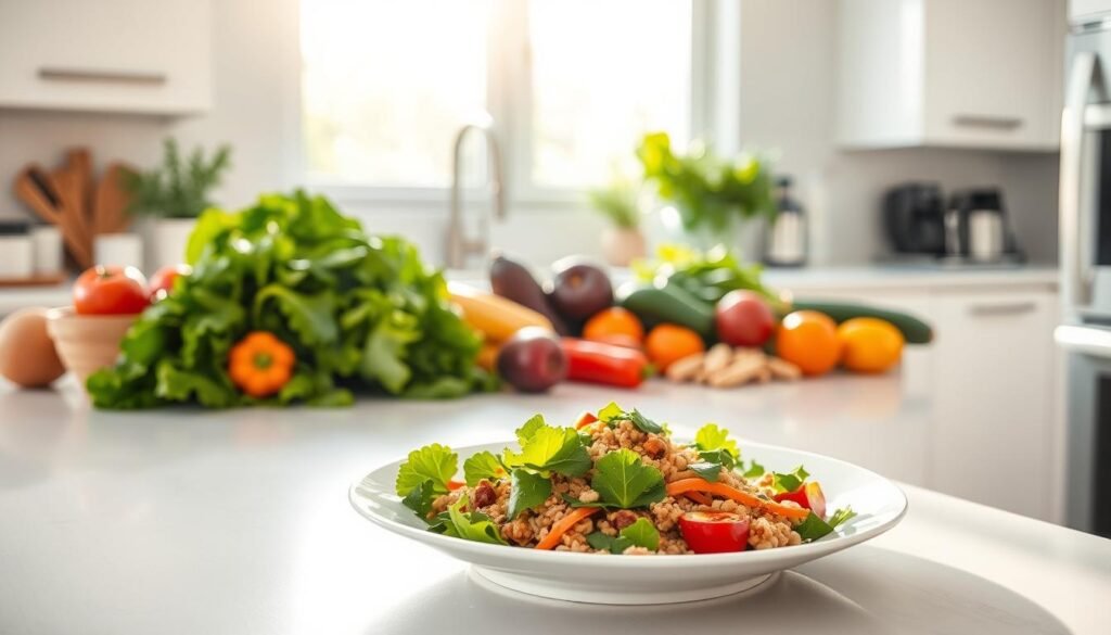 A bright, airy kitchen with a clean, modern aesthetic. On the countertop, a selection of fresh, colorful ingredients - leafy greens, vibrant vegetables, lean proteins, and wholesome grains. Natural light streams in through large windows, casting a warm, inviting glow. In the foreground, a plate showcases a beautifully plated, balanced meal - a visually appealing and nutritious dish that looks both simple and delicious. The overall mood is one of health, ease, and efficiency, reflecting the "quick and easy" nature of the recipes. Soft, muted tones create a calming, minimalist ambiance, allowing the fresh, colorful ingredients to take center stage. A bright, airy kitchen with a clean, modern aesthetic. On the countertop, a selection of fresh, colorful ingredients - leafy greens, vibrant vegetables, lean proteins, and wholesome grains. Natural light streams in through large windows, casting a warm, inviting glow. In the foreground, a plate showcases a beautifully plated, balanced meal - a visually appealing and nutritious dish that looks both simple and delicious. The overall mood is one of health, ease, and efficiency, reflecting the "quick and easy" nature of the recipes. Soft, muted tones create a calming, minimalist ambiance, allowing the fresh, colorful ingredients to take center stage.