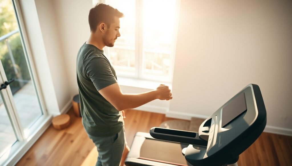 A bright, well-lit scene depicting a person examining a fitness tracker on their wrist while standing on a treadmill. The treadmill is positioned in a modern, minimalist home gym or workout space, with clean white walls and hardwood flooring. Warm, natural lighting streams in through large windows, casting a soft glow on the scene. The person is wearing workout attire and has a focused, determined expression as they review their fitness data, tracking their progress towards their fitness goals. A bright, well-lit scene depicting a person examining a fitness tracker on their wrist while standing on a treadmill. The treadmill is positioned in a modern, minimalist home gym or workout space, with clean white walls and hardwood flooring. Warm, natural lighting streams in through large windows, casting a soft glow on the scene. The person is wearing workout attire and has a focused, determined expression as they review their fitness data, tracking their progress towards their fitness goals.