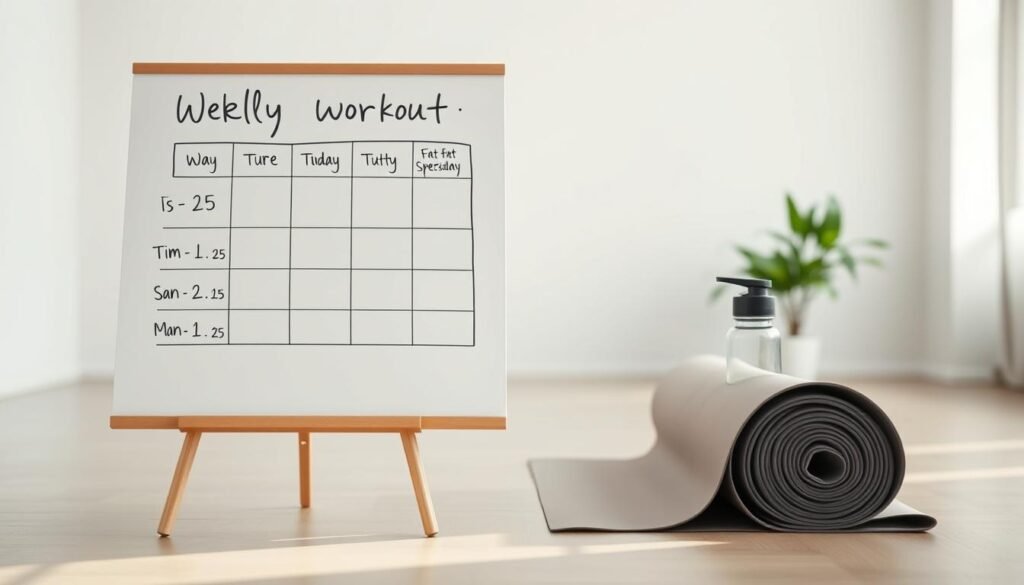 A clean, minimalist composition showcasing a weekly workout schedule. In the foreground, an elegant whiteboard or chalkboard displays a detailed weekly schedule with 25-minute HIIT sessions. The middle ground features a pair of modern, muted-tone exercise mats and a water bottle, conveying a sense of an organized, purposeful home gym setup. The background is a softly blurred, serene indoor space with natural lighting filtering in, creating a calming, motivational atmosphere. The overall scene exudes a balanced, achievable approach to blending healthy meal plans with high-intensity interval training for effective fat-burning. A clean, minimalist composition showcasing a weekly workout schedule. In the foreground, an elegant whiteboard or chalkboard displays a detailed weekly schedule with 25-minute HIIT sessions. The middle ground features a pair of modern, muted-tone exercise mats and a water bottle, conveying a sense of an organized, purposeful home gym setup. The background is a softly blurred, serene indoor space with natural lighting filtering in, creating a calming, motivational atmosphere. The overall scene exudes a balanced, achievable approach to blending healthy meal plans with high-intensity interval training for effective fat-burning.