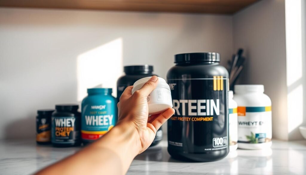 A clean, well-lit kitchen counter with various protein powder containers and supplements neatly arranged. In the foreground, a hand reaches out to select a container, highlighting the decision-making process. The background features a neutral, slightly blurred backdrop, creating a focus on the subject. The lighting is natural and soft, casting a warm glow on the scene. The overall mood is one of thoughtful consideration and informed decision-making, reflecting the importance of choosing the right protein supplement. A clean, well-lit kitchen counter with various protein powder containers and supplements neatly arranged. In the foreground, a hand reaches out to select a container, highlighting the decision-making process. The background features a neutral, slightly blurred backdrop, creating a focus on the subject. The lighting is natural and soft, casting a warm glow on the scene. The overall mood is one of thoughtful consideration and informed decision-making, reflecting the importance of choosing the right protein supplement.