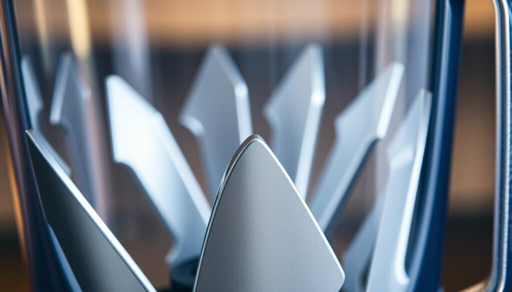 A close-up shot of high-quality stainless steel blades of a modern kitchen blender, showcasing their sleek, metallic sheen and sharp edges. The blades are the focal point, filling the frame and illuminated by soft, directional lighting that emphasizes their precision engineering and durability. The background is slightly blurred, creating a sense of depth and drawing the viewer's attention to the intricate details of the blades. The overall mood is one of sophistication, efficiency, and the promise of powerful blending performance. A close-up shot of high-quality stainless steel blades of a modern kitchen blender, showcasing their sleek, metallic sheen and sharp edges. The blades are the focal point, filling the frame and illuminated by soft, directional lighting that emphasizes their precision engineering and durability. The background is slightly blurred, creating a sense of depth and drawing the viewer's attention to the intricate details of the blades. The overall mood is one of sophistication, efficiency, and the promise of powerful blending performance.