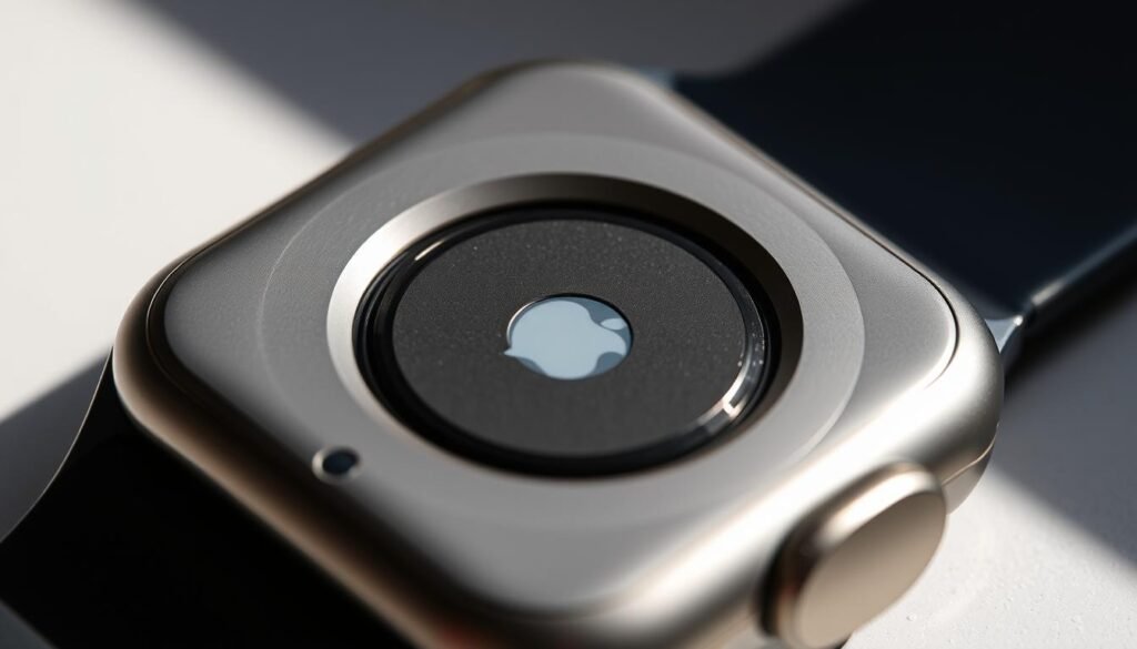 A close-up view of an Apple Watch Ultra battery, showcasing its robust and compact design. The battery is surrounded by a sleek titanium casing, capturing the premium aesthetics of the device. The lighting casts subtle shadows, highlighting the precision engineering and attention to detail. The image conveys a sense of durability and reliability, reflecting the high-performance nature of the Apple Watch Ultra. The background is intentionally blurred, placing the focus solely on the battery component, aligning with the section title "بطارية ابل واتش الترا وعمرها الافتراضي". A close-up view of an Apple Watch Ultra battery, showcasing its robust and compact design. The battery is surrounded by a sleek titanium casing, capturing the premium aesthetics of the device. The lighting casts subtle shadows, highlighting the precision engineering and attention to detail. The image conveys a sense of durability and reliability, reflecting the high-performance nature of the Apple Watch Ultra. The background is intentionally blurred, placing the focus solely on the battery component, aligning with the section title "بطارية ابل واتش الترا وعمرها الافتراضي".