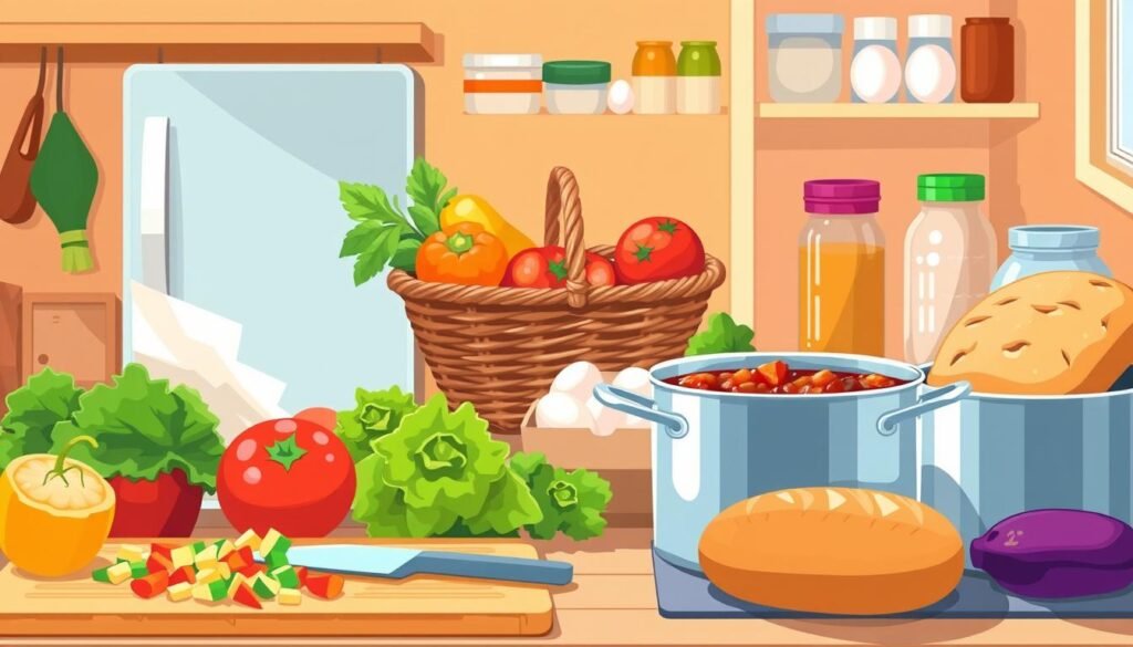 A colorful, vibrant illustration of a kitchen countertop filled with a variety of fresh, wholesome ingredients. In the foreground, a cutting board with chopped vegetables, a pot of simmering stew, and a loaf of fresh-baked bread. In the middle ground, a basket of seasonal produce, a carton of eggs, and a jar of homemade dressing. The background features a minimalist, well-organized pantry stocked with staple items. Warm, natural lighting highlights the textures and colors, creating an inviting, homely atmosphere. The overall scene conveys the ease and accessibility of preparing healthy, budget-friendly meals at home. A colorful, vibrant illustration of a kitchen countertop filled with a variety of fresh, wholesome ingredients. In the foreground, a cutting board with chopped vegetables, a pot of simmering stew, and a loaf of fresh-baked bread. In the middle ground, a basket of seasonal produce, a carton of eggs, and a jar of homemade dressing. The background features a minimalist, well-organized pantry stocked with staple items. Warm, natural lighting highlights the textures and colors, creating an inviting, homely atmosphere. The overall scene conveys the ease and accessibility of preparing healthy, budget-friendly meals at home.