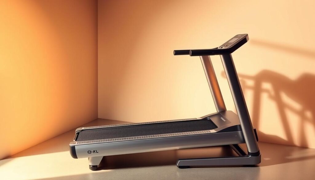 A compact, foldable treadmill set against a minimalist backdrop. The sleek, silver frame gleams under warm, directional lighting, casting dramatic shadows that accentuate its clean lines and ergonomic design. The textured running deck invites the user to step on and embark on a seamless, low-impact workout experience. The display panel is elegantly integrated, providing vital metrics and intuitive controls. A sense of urban sophistication pervades the scene, hinting at the treadmill's versatility and suitability for the modern, space-conscious home gym. A compact, foldable treadmill set against a minimalist backdrop. The sleek, silver frame gleams under warm, directional lighting, casting dramatic shadows that accentuate its clean lines and ergonomic design. The textured running deck invites the user to step on and embark on a seamless, low-impact workout experience. The display panel is elegantly integrated, providing vital metrics and intuitive controls. A sense of urban sophistication pervades the scene, hinting at the treadmill's versatility and suitability for the modern, space-conscious home gym.
