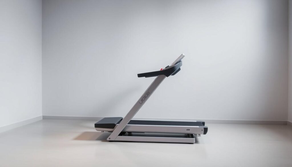 A compact, foldable treadmill standing in a minimalist, well-lit home gym. The sleek, space-saving design has a sturdy metal frame and a cushioned running surface. Soft, indirect lighting illuminates the modern, gray-and-white color scheme. The treadmill's controls are intuitively placed, allowing for easy adjustment of speed and incline. The overall atmosphere is one of efficiency and thoughtful design, perfectly suited for a small, dedicated workout area. A compact, foldable treadmill standing in a minimalist, well-lit home gym. The sleek, space-saving design has a sturdy metal frame and a cushioned running surface. Soft, indirect lighting illuminates the modern, gray-and-white color scheme. The treadmill's controls are intuitively placed, allowing for easy adjustment of speed and incline. The overall atmosphere is one of efficiency and thoughtful design, perfectly suited for a small, dedicated workout area.
