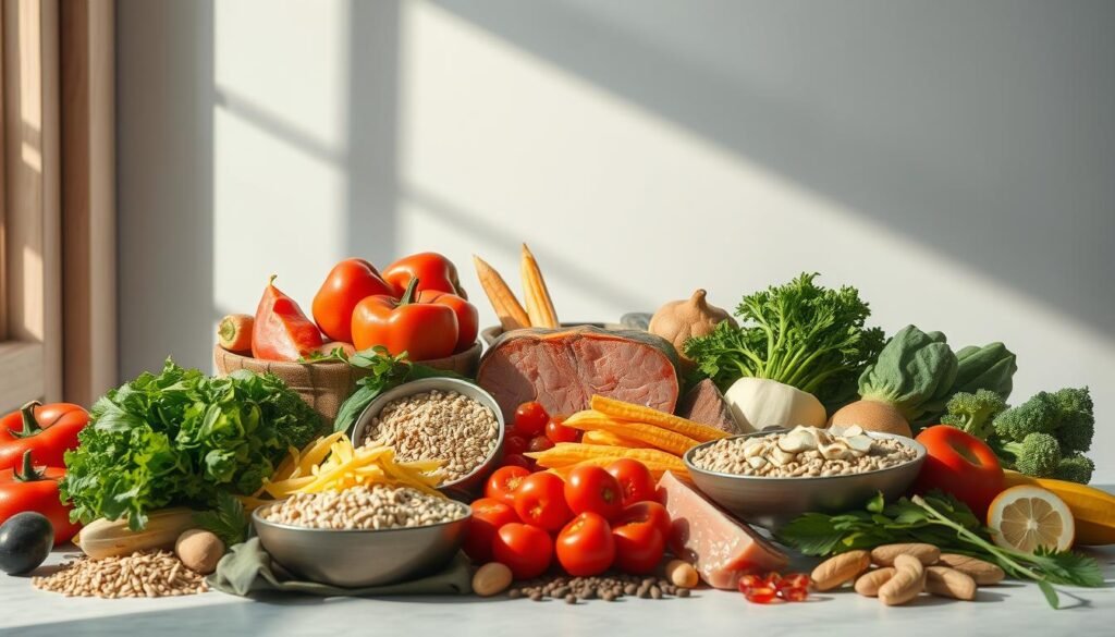 A comprehensive, balanced dietary plan centered on burning abdominal and hip fat. A vibrant scene depicting an array of wholesome, nutrient-dense foods artfully arranged - fresh vegetables, lean proteins, whole grains, and healthy fats. Soft, natural lighting illuminates the scene, creating a warm, inviting atmosphere. The composition features a clean, minimalist aesthetic, with the food items presented in an organized, appetizing manner. The overall mood conveys a sense of wellness, vitality, and a commitment to a healthy lifestyle. A comprehensive, balanced dietary plan centered on burning abdominal and hip fat. A vibrant scene depicting an array of wholesome, nutrient-dense foods artfully arranged - fresh vegetables, lean proteins, whole grains, and healthy fats. Soft, natural lighting illuminates the scene, creating a warm, inviting atmosphere. The composition features a clean, minimalist aesthetic, with the food items presented in an organized, appetizing manner. The overall mood conveys a sense of wellness, vitality, and a commitment to a healthy lifestyle.