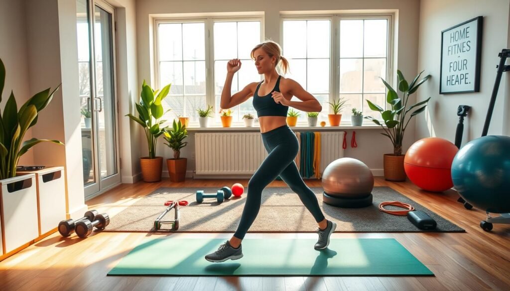 A cozy home gym setting with a woman performing cardio exercises on a yoga mat in the foreground. Bright natural lighting filters in through large windows, casting a warm glow. In the middle ground, various home fitness equipment like dumbbells, resistance bands, and a yoga ball are neatly arranged. The background showcases a minimalist, modern decor with plants and motivational wall art. The overall atmosphere conveys a sense of efficiency, motivation, and personal wellness. A cozy home gym setting with a woman performing cardio exercises on a yoga mat in the foreground. Bright natural lighting filters in through large windows, casting a warm glow. In the middle ground, various home fitness equipment like dumbbells, resistance bands, and a yoga ball are neatly arranged. The background showcases a minimalist, modern decor with plants and motivational wall art. The overall atmosphere conveys a sense of efficiency, motivation, and personal wellness.