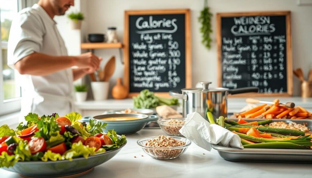 A cozy kitchen interior with bright natural lighting, showcasing various healthy cooking methods. In the foreground, a chef prepares a fresh salad with vibrant vegetables, drizzled with a light dressing. On the countertop, a simmering pot of wholesome soup, and a baking tray of roasted vegetables emit delectable aromas. The middle ground features a selection of whole grains, lean proteins, and low-calorie seasonings, highlighting the nutritious ingredients. In the background, a chalkboard displays the calorie counts for each dish, promoting mindful portion control. The overall atmosphere exudes a sense of simplicity, wellness, and weight-conscious culinary delight. A cozy kitchen interior with bright natural lighting, showcasing various healthy cooking methods. In the foreground, a chef prepares a fresh salad with vibrant vegetables, drizzled with a light dressing. On the countertop, a simmering pot of wholesome soup, and a baking tray of roasted vegetables emit delectable aromas. The middle ground features a selection of whole grains, lean proteins, and low-calorie seasonings, highlighting the nutritious ingredients. In the background, a chalkboard displays the calorie counts for each dish, promoting mindful portion control. The overall atmosphere exudes a sense of simplicity, wellness, and weight-conscious culinary delight.