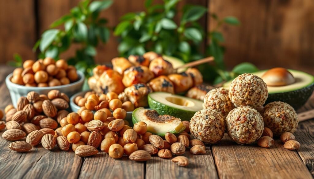 A delectable spread of high-protein snacks artfully arranged on a rustic wooden table. In the foreground, plump roasted almonds, crunchy chickpea bites, and protein-packed energy balls in earthy tones. The middle ground showcases succulent chicken skewers and fresh slices of avocado, while the background features a lush green plant for a natural, harmonious ambiance. Soft, natural lighting casts a warm glow, highlighting the textures and vibrant colors of the nutritious treats. The overall scene exudes a sense of healthfulness, convenience, and satisfying indulgence. A delectable spread of high-protein snacks artfully arranged on a rustic wooden table. In the foreground, plump roasted almonds, crunchy chickpea bites, and protein-packed energy balls in earthy tones. The middle ground showcases succulent chicken skewers and fresh slices of avocado, while the background features a lush green plant for a natural, harmonious ambiance. Soft, natural lighting casts a warm glow, highlighting the textures and vibrant colors of the nutritious treats. The overall scene exudes a sense of healthfulness, convenience, and satisfying indulgence.