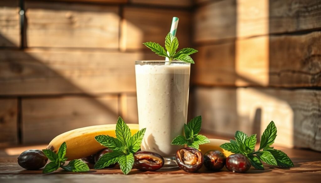A delicate smoothie with ripe bananas, luscious dates, and a touch of creamy yogurt, set against a backdrop of rustic wooden planks. Sunlight filters through the window, casting a warm glow on the blended concoction. Vibrant greens of fresh mint leaves add a refreshing contrast, while the overall composition evokes a sense of tranquility and health-conscious indulgence. The scene is captured in a soft, slightly blurred focus, emphasizing the smooth, velvety texture of the beverage. This low-calorie treat invites the viewer to savor its nourishing simplicity and embrace a mindful, balanced approach to their dietary journey. A delicate smoothie with ripe bananas, luscious dates, and a touch of creamy yogurt, set against a backdrop of rustic wooden planks. Sunlight filters through the window, casting a warm glow on the blended concoction. Vibrant greens of fresh mint leaves add a refreshing contrast, while the overall composition evokes a sense of tranquility and health-conscious indulgence. The scene is captured in a soft, slightly blurred focus, emphasizing the smooth, velvety texture of the beverage. This low-calorie treat invites the viewer to savor its nourishing simplicity and embrace a mindful, balanced approach to their dietary journey.