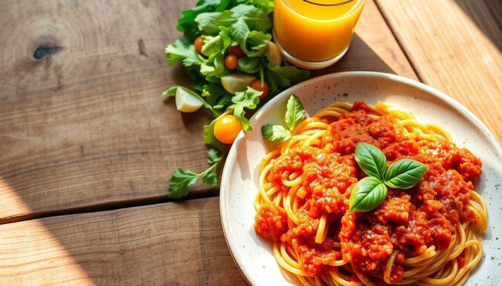 A delicious and nutritious pre-workout carbohydrate-rich meal on a rustic wooden table. A plate of whole grain pasta with a vibrant, tomato-based sauce, garnished with fresh basil leaves. Alongside, a glass of freshly squeezed orange juice and a simple green salad with a light vinaigrette dressing. Natural lighting casts a warm, inviting glow, highlighting the vibrant colors and textures of the healthy ingredients. The scene exudes a sense of balance, energy, and preparedness for an upcoming high-intensity interval training (HIIT) workout. A delicious and nutritious pre-workout carbohydrate-rich meal on a rustic wooden table. A plate of whole grain pasta with a vibrant, tomato-based sauce, garnished with fresh basil leaves. Alongside, a glass of freshly squeezed orange juice and a simple green salad with a light vinaigrette dressing. Natural lighting casts a warm, inviting glow, highlighting the vibrant colors and textures of the healthy ingredients. The scene exudes a sense of balance, energy, and preparedness for an upcoming high-intensity interval training (HIIT) workout.
