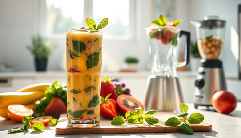 A delicious protein-rich smoothie set against a bright, airy kitchen backdrop. In the foreground, a tall glass filled with a vibrant, creamy blend of fresh fruits, leafy greens, and a generous scoop of protein powder, creating a luscious, nutrient-dense drink. Sunlight streams in through large windows, casting a warm, natural glow on the scene. The smoothie is garnished with a sprig of mint, adding a refreshing touch. In the middle ground, a cutting board with sliced ingredients and a blender, suggesting the process of crafting this wholesome, post-workout treat. The background features minimalist, clean cabinetry and appliances, creating a serene, spa-like atmosphere perfect for a health-conscious athlete's indulgence. A delicious protein-rich smoothie set against a bright, airy kitchen backdrop. In the foreground, a tall glass filled with a vibrant, creamy blend of fresh fruits, leafy greens, and a generous scoop of protein powder, creating a luscious, nutrient-dense drink. Sunlight streams in through large windows, casting a warm, natural glow on the scene. The smoothie is garnished with a sprig of mint, adding a refreshing touch. In the middle ground, a cutting board with sliced ingredients and a blender, suggesting the process of crafting this wholesome, post-workout treat. The background features minimalist, clean cabinetry and appliances, creating a serene, spa-like atmosphere perfect for a health-conscious athlete's indulgence.