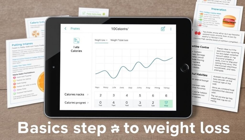 A detailed and neatly organized calorie counter interface, displayed on a digital tablet or smartphone screen. The interface features a clean, minimalist design with a white background and simple icons and typography. In the foreground, a streamlined calorie intake tracker allows the user to input their daily food consumption. The middle ground showcases a weight loss progress graph, displaying the user's weight fluctuations over time. In the background, a series of nutritional information cards provide guidance on healthy eating habits and portion control. The overall mood is informative, practical, and empowering, reflecting the "basic steps to weight loss" theme. A detailed and neatly organized calorie counter interface, displayed on a digital tablet or smartphone screen. The interface features a clean, minimalist design with a white background and simple icons and typography. In the foreground, a streamlined calorie intake tracker allows the user to input their daily food consumption. The middle ground showcases a weight loss progress graph, displaying the user's weight fluctuations over time. In the background, a series of nutritional information cards provide guidance on healthy eating habits and portion control. The overall mood is informative, practical, and empowering, reflecting the "basic steps to weight loss" theme.