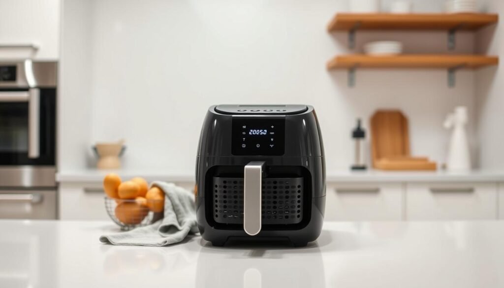 A detailed close-up shot of a modern air fryer on a clean, minimalist kitchen counter. The air fryer is shown from the front, with its digital control panel and basket visible. The lighting is bright and even, creating a clean, clinical atmosphere. The air fryer is the central focus, surrounded by a few simple kitchen accessories like a towel or utensils, conveying a sense of preparation for use. The composition emphasizes the air fryer's sleek, functional design, hinting at its ability to efficiently cook food with hot air circulation. The overall mood is one of anticipation and readiness for the cooking process. A detailed close-up shot of a modern air fryer on a clean, minimalist kitchen counter. The air fryer is shown from the front, with its digital control panel and basket visible. The lighting is bright and even, creating a clean, clinical atmosphere. The air fryer is the central focus, surrounded by a few simple kitchen accessories like a towel or utensils, conveying a sense of preparation for use. The composition emphasizes the air fryer's sleek, functional design, hinting at its ability to efficiently cook food with hot air circulation. The overall mood is one of anticipation and readiness for the cooking process.