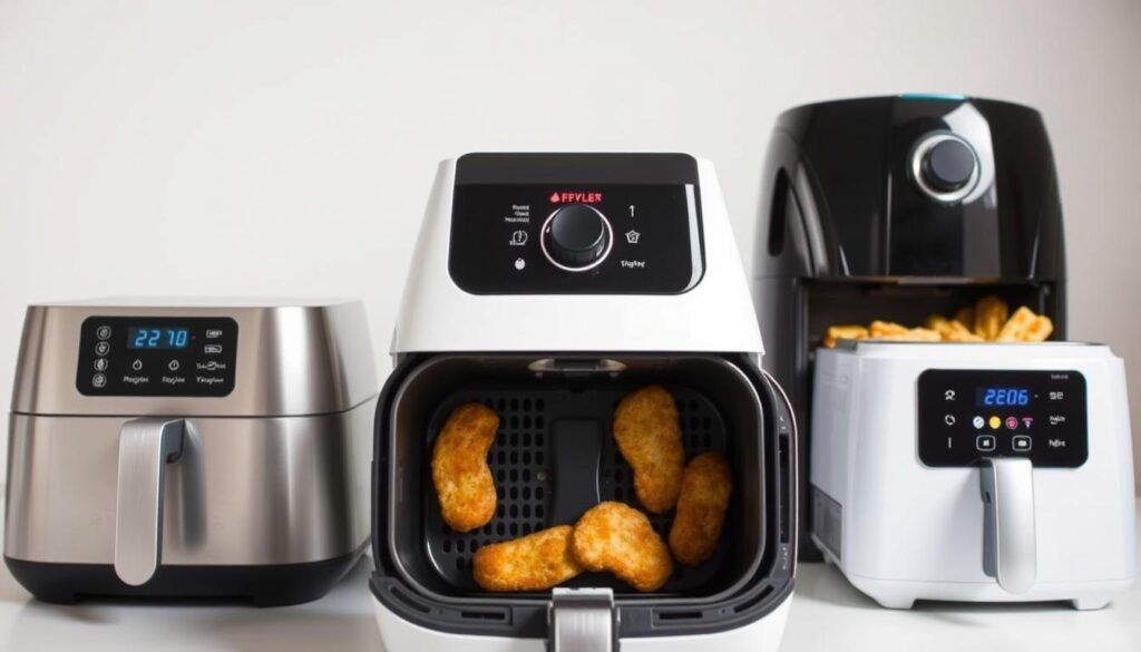 A detailed comparison of various types of air fryers, showcased in a minimalist, photographic style. The foreground features three distinct air fryers, each with its own unique design and control panel, arranged in a clean, symmetrical layout. The middle ground captures the interior workings of the air fryers, revealing their intricate components and mechanisms. The background maintains a soft, neutral tone, allowing the air fryers to take center stage. Subtle lighting accentuates the textures and finishes of the appliances, creating a sense of depth and dimensionality. The overall composition conveys a balanced, informative, and visually appealing representation of the different air fryer models. A detailed comparison of various types of air fryers, showcased in a minimalist, photographic style. The foreground features three distinct air fryers, each with its own unique design and control panel, arranged in a clean, symmetrical layout. The middle ground captures the interior workings of the air fryers, revealing their intricate components and mechanisms. The background maintains a soft, neutral tone, allowing the air fryers to take center stage. Subtle lighting accentuates the textures and finishes of the appliances, creating a sense of depth and dimensionality. The overall composition conveys a balanced, informative, and visually appealing representation of the different air fryer models.