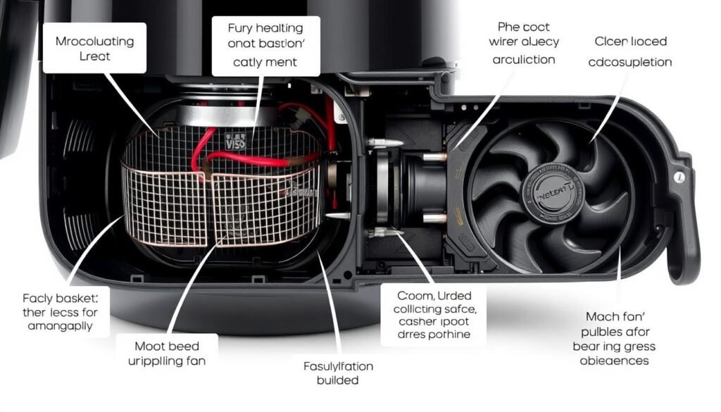 A detailed cross-section of a malfunctioning air fryer, with its key components and mechanisms clearly visible. The fryer's basket, heating element, and circulating fan are highlighted, showcasing common issues like faulty wiring, worn bearings, and accumulated grease buildup. The image has a neutral, technical tone, lit by soft, even lighting that accentuates the intricate details. The overall composition is balanced, with a clean, minimalist background that allows the air fryer's inner workings to be the central focus. A detailed cross-section of a malfunctioning air fryer, with its key components and mechanisms clearly visible. The fryer's basket, heating element, and circulating fan are highlighted, showcasing common issues like faulty wiring, worn bearings, and accumulated grease buildup. The image has a neutral, technical tone, lit by soft, even lighting that accentuates the intricate details. The overall composition is balanced, with a clean, minimalist background that allows the air fryer's inner workings to be the central focus.
