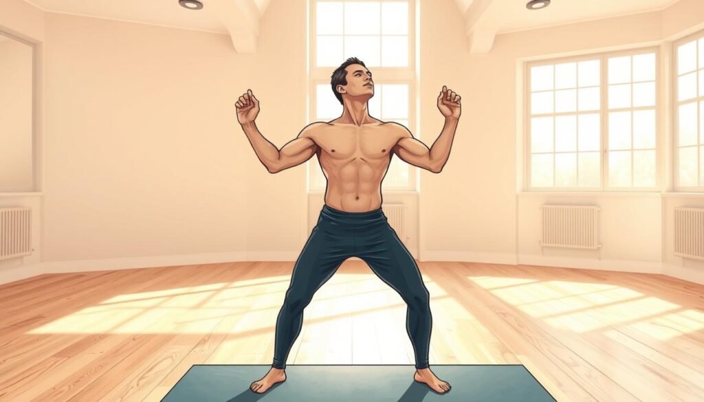 A detailed illustration of a person performing breathing techniques during exercise. Centered in the frame, a fit individual stands in a dynamic yoga pose, chest open and shoulders relaxed, inhaling deeply through the nose and exhaling slowly through the mouth. The background is a serene, sunlit studio with wooden floors and muted tones, creating a calming atmosphere. Soft lighting from large windows illuminates the subject, highlighting the graceful movement and control of the breath. The composition emphasizes the importance of proper breathing for optimal fitness and well-being during physical activity. A detailed illustration of a person performing breathing techniques during exercise. Centered in the frame, a fit individual stands in a dynamic yoga pose, chest open and shoulders relaxed, inhaling deeply through the nose and exhaling slowly through the mouth. The background is a serene, sunlit studio with wooden floors and muted tones, creating a calming atmosphere. Soft lighting from large windows illuminates the subject, highlighting the graceful movement and control of the breath. The composition emphasizes the importance of proper breathing for optimal fitness and well-being during physical activity.