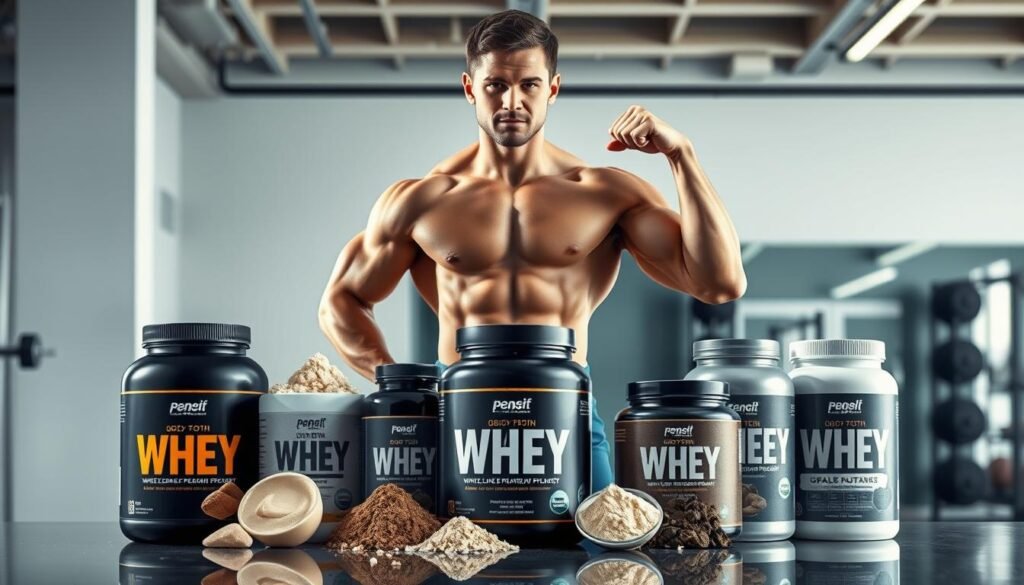 A detailed illustration of the benefits of whey protein for muscle development. A muscular male athlete stands in a well-lit gym, flexing his chiseled physique. In the foreground, various whey protein powder supplements are artfully arranged, representing the key nutrients and properties that contribute to muscle growth and recovery. The background features a clean, minimalist gym setting, emphasizing the importance of exercise and nutrition in achieving fitness goals. The overall image conveys a sense of strength, vitality, and the transformative power of whey protein supplementation. A detailed illustration of the benefits of whey protein for muscle development. A muscular male athlete stands in a well-lit gym, flexing his chiseled physique. In the foreground, various whey protein powder supplements are artfully arranged, representing the key nutrients and properties that contribute to muscle growth and recovery. The background features a clean, minimalist gym setting, emphasizing the importance of exercise and nutrition in achieving fitness goals. The overall image conveys a sense of strength, vitality, and the transformative power of whey protein supplementation.