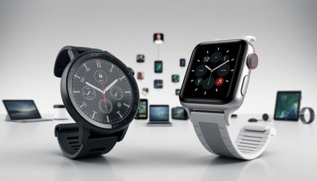 A detailed side-by-side comparison of a Garmin smartwatch and an Apple Watch, showcasing their compatibility and integration with various devices and software. The foreground features the two watches, meticulously rendered with intricate details, showcasing their distinct designs and features. The middle ground depicts a range of connected devices, including smartphones, tablets, and fitness trackers, highlighting the seamless integration and data synchronization between the watches and the broader ecosystem. The background subtly suggests a contemporary, minimalist setting, emphasizing the modern and technical nature of the subject. The lighting is soft and balanced, creating a sense of harmony and professionalism, while the camera angle provides a clear, comprehensive view of the comparative elements. A detailed side-by-side comparison of a Garmin smartwatch and an Apple Watch, showcasing their compatibility and integration with various devices and software. The foreground features the two watches, meticulously rendered with intricate details, showcasing their distinct designs and features. The middle ground depicts a range of connected devices, including smartphones, tablets, and fitness trackers, highlighting the seamless integration and data synchronization between the watches and the broader ecosystem. The background subtly suggests a contemporary, minimalist setting, emphasizing the modern and technical nature of the subject. The lighting is soft and balanced, creating a sense of harmony and professionalism, while the camera angle provides a clear, comprehensive view of the comparative elements.