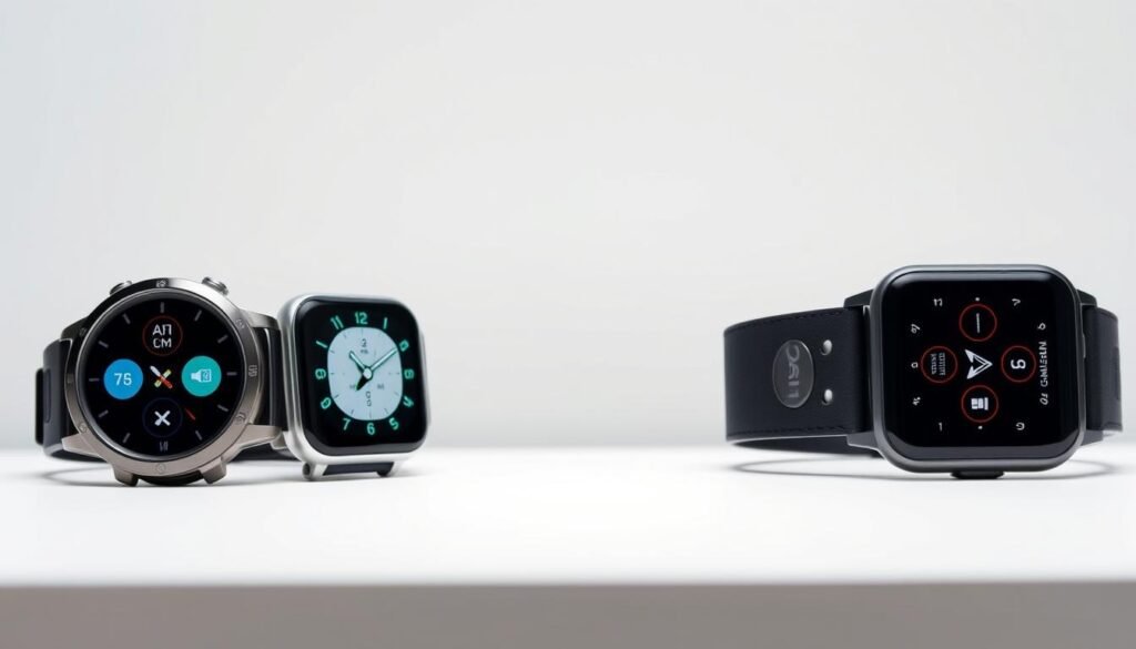 A detailed side-by-side comparison of the user interfaces of the Garmin and Apple smartwatches, captured in a well-lit studio setting. The foreground features the two watches placed on a clean, minimalist surface, their screens illuminated and displaying their distinct UI designs. The middle ground showcases the various controls, buttons, and navigational elements of each watch, allowing for a clear visual contrast. The background is a soft, neutral tone, placing the focus entirely on the smartwatch interfaces. The overall mood is one of technological elegance and precision, inviting the viewer to closely examine and appreciate the nuances of the user experience. A detailed side-by-side comparison of the user interfaces of the Garmin and Apple smartwatches, captured in a well-lit studio setting. The foreground features the two watches placed on a clean, minimalist surface, their screens illuminated and displaying their distinct UI designs. The middle ground showcases the various controls, buttons, and navigational elements of each watch, allowing for a clear visual contrast. The background is a soft, neutral tone, placing the focus entirely on the smartwatch interfaces. The overall mood is one of technological elegance and precision, inviting the viewer to closely examine and appreciate the nuances of the user experience.