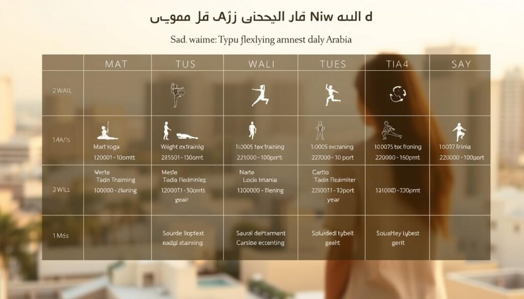 A detailed weekly schedule for women in Saudi Arabia, showcasing a flexible fitness routine amid daily life. A minimalist design in warm tones, with a clean grid layout. The schedule depicts various exercise icons like yoga poses, weight training, and cardio activities. The background features a soft, blurred cityscape, hinting at the urban setting. The lighting is natural and diffused, creating a calming atmosphere. The overall composition is balanced and visually appealing, designed to inspire and motivate female readers. A detailed weekly schedule for women in Saudi Arabia, showcasing a flexible fitness routine amid daily life. A minimalist design in warm tones, with a clean grid layout. The schedule depicts various exercise icons like yoga poses, weight training, and cardio activities. The background features a soft, blurred cityscape, hinting at the urban setting. The lighting is natural and diffused, creating a calming atmosphere. The overall composition is balanced and visually appealing, designed to inspire and motivate female readers.