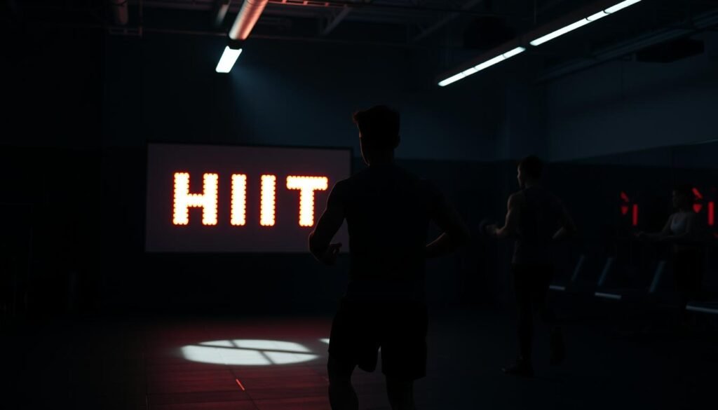A dimly lit indoor gym setting, with a prominently featured HIIT workout timer display on a large screen. In the foreground, a person performing high-intensity interval training exercises such as jumping jacks, burpees, or mountain climbers, their silhouette cast in dramatic lighting. The middle ground features a group of people following along with the HIIT routine, their faces obscured, conveying a sense of focused intensity. The background showcases various workout equipment and a minimalist, modern design aesthetic, creating an immersive and motivating environment for the HIIT session. The overall atmosphere should be one of challenge, determination, and a drive to push the limits of physical fitness. A dimly lit indoor gym setting, with a prominently featured HIIT workout timer display on a large screen. In the foreground, a person performing high-intensity interval training exercises such as jumping jacks, burpees, or mountain climbers, their silhouette cast in dramatic lighting. The middle ground features a group of people following along with the HIIT routine, their faces obscured, conveying a sense of focused intensity. The background showcases various workout equipment and a minimalist, modern design aesthetic, creating an immersive and motivating environment for the HIIT session. The overall atmosphere should be one of challenge, determination, and a drive to push the limits of physical fitness.