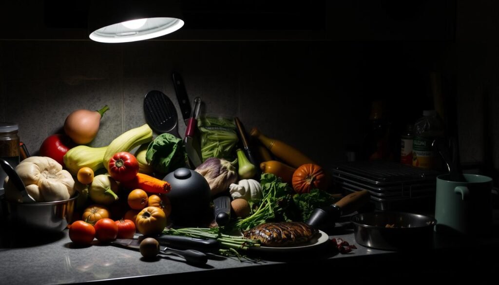 A dimly lit kitchen counter, partially obscured by a chaotic arrangement of various kitchen tools and ingredients. Misshapen vegetables, overcooked proteins, and unappealing presentation create a scene of common mistakes in preparing healthy meals. Harsh shadows cast by an unflattering overhead light accentuate the imperfections, while a muted color palette evokes a sense of disappointment. The cluttered composition and unsavory aesthetics convey the challenges of crafting visually appealing and nutritious dishes, serving as a cautionary tale for the unwary home cook. A dimly lit kitchen counter, partially obscured by a chaotic arrangement of various kitchen tools and ingredients. Misshapen vegetables, overcooked proteins, and unappealing presentation create a scene of common mistakes in preparing healthy meals. Harsh shadows cast by an unflattering overhead light accentuate the imperfections, while a muted color palette evokes a sense of disappointment. The cluttered composition and unsavory aesthetics convey the challenges of crafting visually appealing and nutritious dishes, serving as a cautionary tale for the unwary home cook.