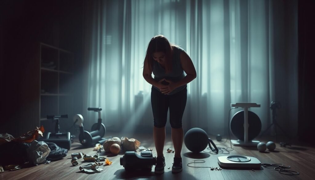 A dimly lit room, the air heavy with the scent of disappointment. In the center, a person stands dejected, surrounded by the remnants of failed diets - crumpled food wrappers, neglected exercise equipment, and a scale that taunts with its unforgiving numbers. The background is a hazy blur, reflecting the mental fog that accompanies the struggle. Soft, muted lighting casts long shadows, casting an ominous tone over the scene. The subject's posture is slumped, hands clasped in frustration, as they confront the common pitfalls of weight loss - unrealistic expectations, lack of patience, and the cycle of yo-yo dieting. This image captures the essence of the "Frequent Mistakes in the Weight Loss Journey" section, a cautionary tale for those embarking on a transformative path. A dimly lit room, the air heavy with the scent of disappointment. In the center, a person stands dejected, surrounded by the remnants of failed diets - crumpled food wrappers, neglected exercise equipment, and a scale that taunts with its unforgiving numbers. The background is a hazy blur, reflecting the mental fog that accompanies the struggle. Soft, muted lighting casts long shadows, casting an ominous tone over the scene. The subject's posture is slumped, hands clasped in frustration, as they confront the common pitfalls of weight loss - unrealistic expectations, lack of patience, and the cycle of yo-yo dieting. This image captures the essence of the "Frequent Mistakes in the Weight Loss Journey" section, a cautionary tale for those embarking on a transformative path.