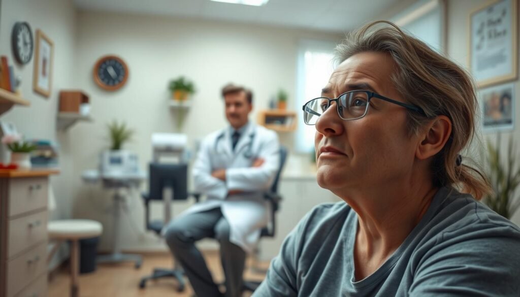 A doctor's office with a warm, welcoming atmosphere. In the foreground, a patient sits anxiously, contemplating their health concerns. The middle ground features a thoughtful physician, ready to listen and provide guidance. The background depicts a cozy, well-lit examination room, filled with medical equipment and soothing decor. Soft, natural lighting casts a reassuring glow, conveying a sense of trust and professionalism. The scene suggests the importance of seeking timely medical advice, with an emphasis on the patient-doctor relationship and the comfort of a well-designed healthcare setting. A doctor's office with a warm, welcoming atmosphere. In the foreground, a patient sits anxiously, contemplating their health concerns. The middle ground features a thoughtful physician, ready to listen and provide guidance. The background depicts a cozy, well-lit examination room, filled with medical equipment and soothing decor. Soft, natural lighting casts a reassuring glow, conveying a sense of trust and professionalism. The scene suggests the importance of seeking timely medical advice, with an emphasis on the patient-doctor relationship and the comfort of a well-designed healthcare setting.