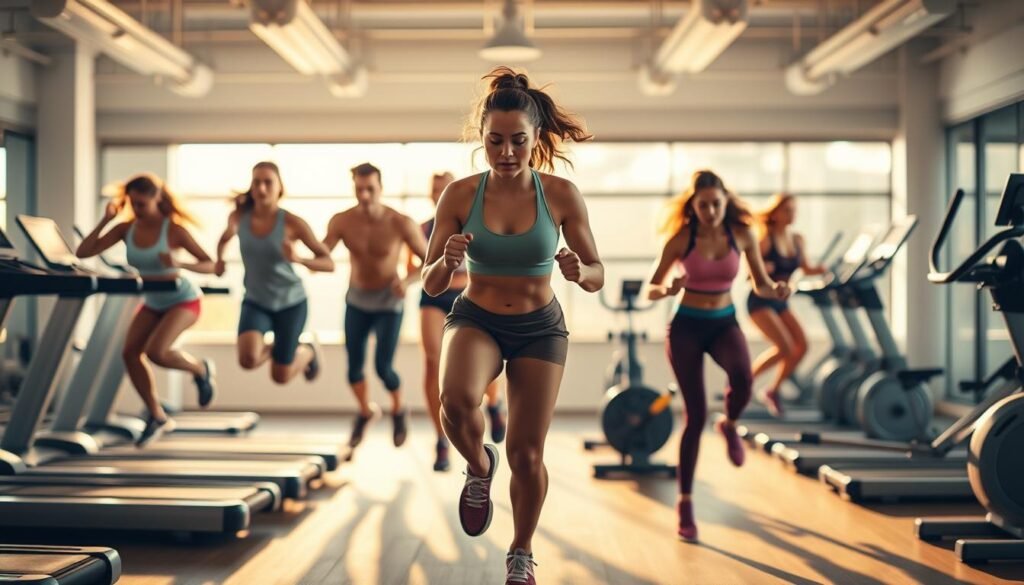 A dynamic cardio workout scene showcasing various fat-burning exercises. The foreground features a diverse group of individuals performing high-intensity cardio movements like jumping jacks, burpees, and mountain climbers against a blurred background. Warm, natural lighting casts an energetic glow, capturing the intensity and determination of the workout. The middle ground depicts fitness equipment like treadmills, stationary bikes, and rowing machines, emphasizing the range of cardio options. The background subtly hints at a modern, well-equipped gym setting with clean lines and minimalist decor. The overall mood is one of motivation, empowerment, and a relentless pursuit of fitness goals. A dynamic cardio workout scene showcasing various fat-burning exercises. The foreground features a diverse group of individuals performing high-intensity cardio movements like jumping jacks, burpees, and mountain climbers against a blurred background. Warm, natural lighting casts an energetic glow, capturing the intensity and determination of the workout. The middle ground depicts fitness equipment like treadmills, stationary bikes, and rowing machines, emphasizing the range of cardio options. The background subtly hints at a modern, well-equipped gym setting with clean lines and minimalist decor. The overall mood is one of motivation, empowerment, and a relentless pursuit of fitness goals.