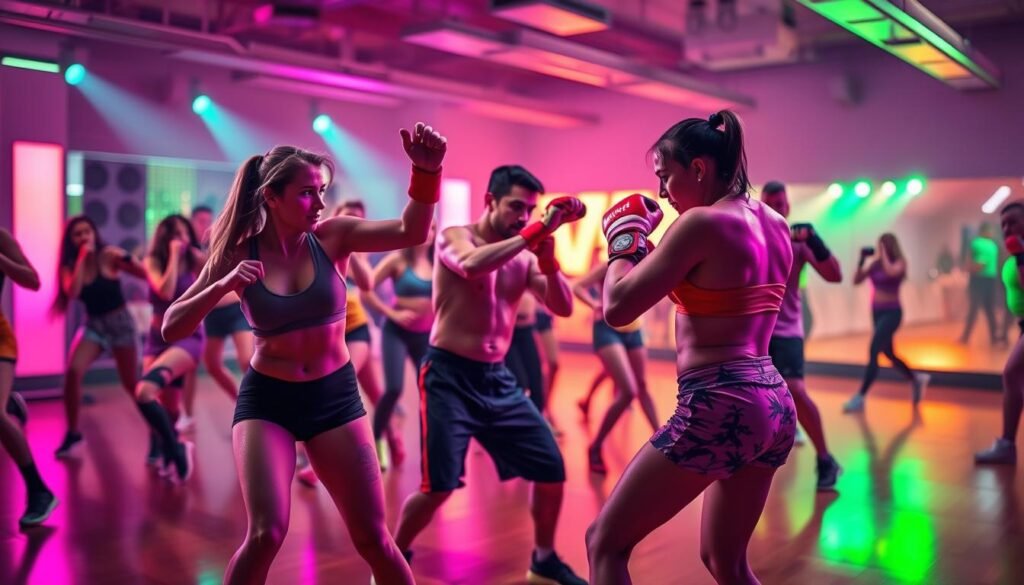 A dynamic dance floor filled with energetic Zumba and kickboxing moves. Vibrant neon lights cast a pulsating glow, illuminating a lively group of participants in motion. Sweat-drenched bodies sway and strike with rhythmic precision, following the infectious beats of a high-energy soundtrack. In the foreground, a skilled instructor demonstrates fluid Zumba steps, guiding the class through a choreographed routine. In the middle ground, kickboxers unleash a flurry of powerful jabs, hooks, and kicks, their expressions intense with focus. The background blurs into a vibrant haze, hinting at the energetic atmosphere of the workout space. Encapsulating the thrill of cardio-driven dance and combat fitness, the scene captures the spirit of a Zumba and kickboxing workout. A dynamic dance floor filled with energetic Zumba and kickboxing moves. Vibrant neon lights cast a pulsating glow, illuminating a lively group of participants in motion. Sweat-drenched bodies sway and strike with rhythmic precision, following the infectious beats of a high-energy soundtrack. In the foreground, a skilled instructor demonstrates fluid Zumba steps, guiding the class through a choreographed routine. In the middle ground, kickboxers unleash a flurry of powerful jabs, hooks, and kicks, their expressions intense with focus. The background blurs into a vibrant haze, hinting at the energetic atmosphere of the workout space. Encapsulating the thrill of cardio-driven dance and combat fitness, the scene captures the spirit of a Zumba and kickboxing workout.