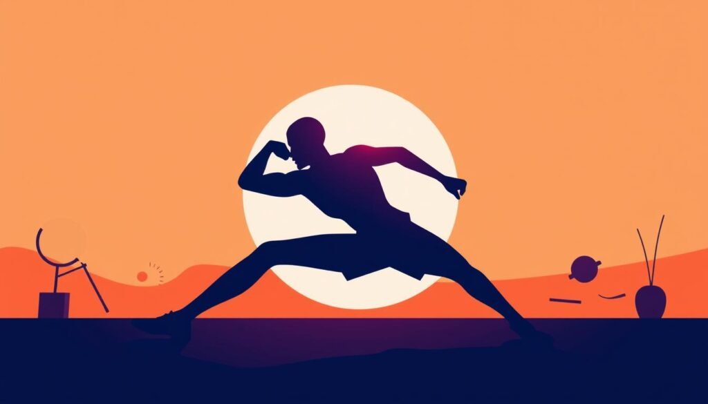 A dynamic, minimalist illustration depicting the concept of "Burning Calories". In the foreground, a sleek, stylized human figure performing a high-intensity exercise move, their muscles taut with effort. The figure is rendered in a bold, geometric style, silhouetted against a vibrant, gradient background that radiates warmth and energy. The middle ground features subtle, abstract shapes and lines that convey a sense of movement and intensity. The background is a soft, muted palette, creating a sense of focus and purpose. The overall mood is one of determination, vigor, and a drive to push the boundaries of physical transformation. Crisp, high-contrast lighting accentuates the dynamism of the scene, captured from a dynamic, low-angle perspective. A dynamic, minimalist illustration depicting the concept of "Burning Calories". In the foreground, a sleek, stylized human figure performing a high-intensity exercise move, their muscles taut with effort. The figure is rendered in a bold, geometric style, silhouetted against a vibrant, gradient background that radiates warmth and energy. The middle ground features subtle, abstract shapes and lines that convey a sense of movement and intensity. The background is a soft, muted palette, creating a sense of focus and purpose. The overall mood is one of determination, vigor, and a drive to push the boundaries of physical transformation. Crisp, high-contrast lighting accentuates the dynamism of the scene, captured from a dynamic, low-angle perspective.