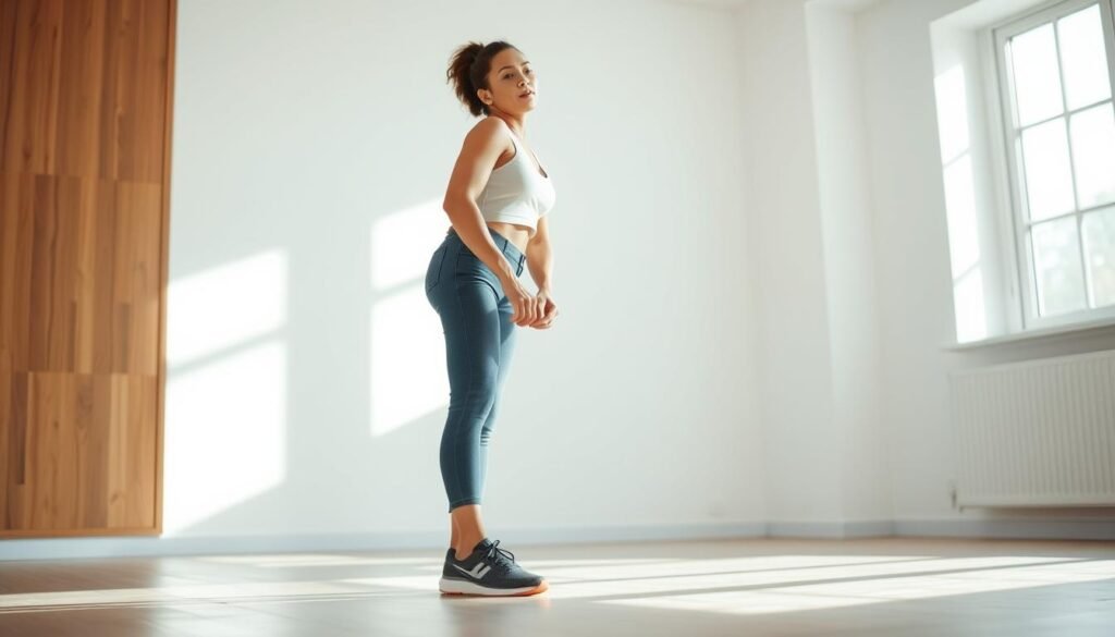 A fit, healthy person standing in a bright, airy room, natural light streaming in through large windows. They are lacing up their sneakers, preparing for a brisk walk or jog, with an expression of determination on their face. The room is minimalist and serene, with calming tones of white and wood accents. The overall atmosphere conveys a sense of wellness, focus, and a fresh start on a fitness journey. The pose and setting suggest the beginning of a weight loss plan executed in a measured, sustainable manner. A fit, healthy person standing in a bright, airy room, natural light streaming in through large windows. They are lacing up their sneakers, preparing for a brisk walk or jog, with an expression of determination on their face. The room is minimalist and serene, with calming tones of white and wood accents. The overall atmosphere conveys a sense of wellness, focus, and a fresh start on a fitness journey. The pose and setting suggest the beginning of a weight loss plan executed in a measured, sustainable manner.