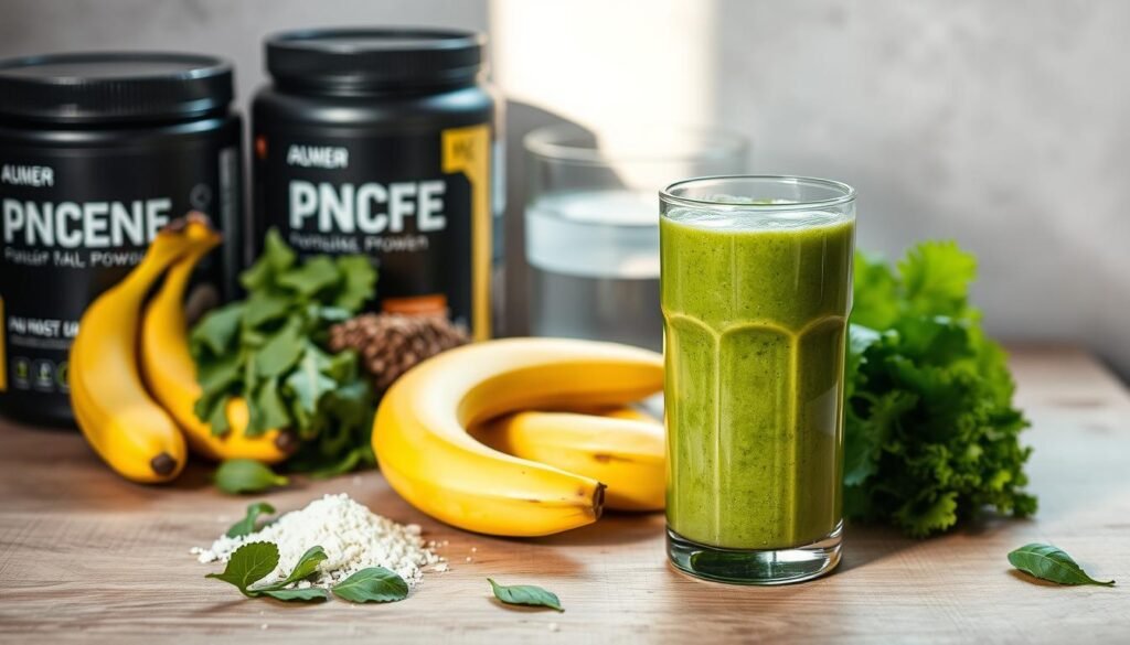 A freshly blended, vibrant green smoothie stands on a wooden surface, surrounded by a selection of healthy, post-workout ingredients. Ripe bananas, leafy greens, protein powder, and a glass of water create a balanced, nutrient-dense beverage. Soft, natural lighting illuminates the scene, highlighting the smoothie's enticing texture and vibrant color. The overall composition conveys a sense of health, vitality, and the restorative benefits of this post-exercise refreshment for athletes and fitness enthusiasts. A freshly blended, vibrant green smoothie stands on a wooden surface, surrounded by a selection of healthy, post-workout ingredients. Ripe bananas, leafy greens, protein powder, and a glass of water create a balanced, nutrient-dense beverage. Soft, natural lighting illuminates the scene, highlighting the smoothie's enticing texture and vibrant color. The overall composition conveys a sense of health, vitality, and the restorative benefits of this post-exercise refreshment for athletes and fitness enthusiasts.
