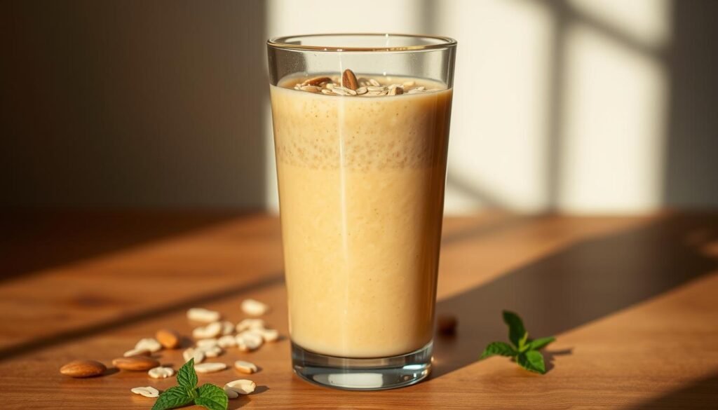A glass filled with a creamy, golden-brown smoothie, featuring a layer of oats, yogurt, and honey. The smoothie is garnished with a few sliced almonds and a sprig of fresh mint, creating a visually appealing and nourishing post-workout treat. The lighting is soft and natural, casting a warm glow on the scene. The glass is positioned on a wooden surface, surrounded by a minimalist, yet inviting, backdrop that emphasizes the smoothie's healthful and energizing qualities. The overall mood is one of wellness, vitality, and the restorative power of a balanced, athlete-friendly snack. A glass filled with a creamy, golden-brown smoothie, featuring a layer of oats, yogurt, and honey. The smoothie is garnished with a few sliced almonds and a sprig of fresh mint, creating a visually appealing and nourishing post-workout treat. The lighting is soft and natural, casting a warm glow on the scene. The glass is positioned on a wooden surface, surrounded by a minimalist, yet inviting, backdrop that emphasizes the smoothie's healthful and energizing qualities. The overall mood is one of wellness, vitality, and the restorative power of a balanced, athlete-friendly snack.