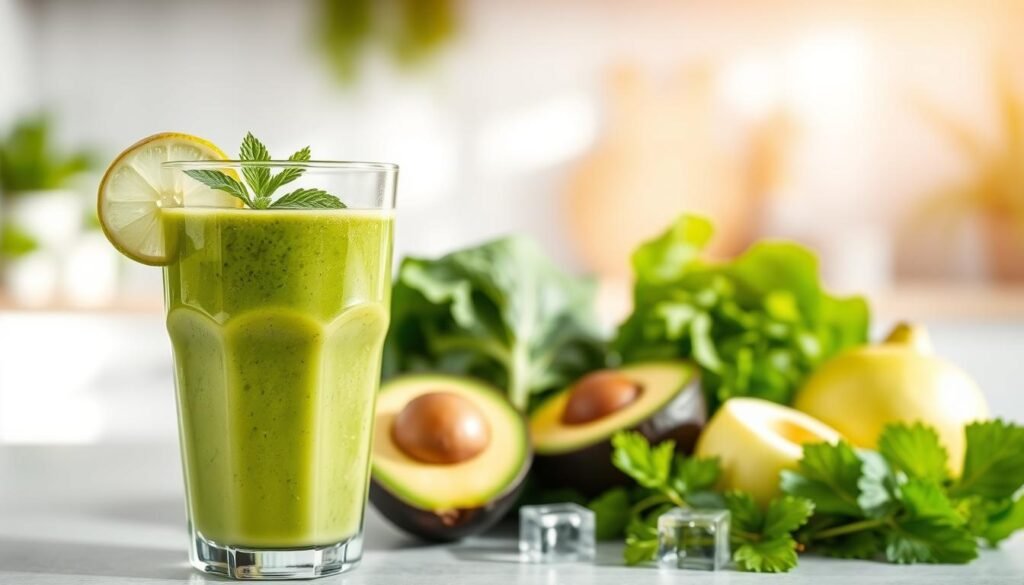A healthy, low-calorie smoothie set against a bright, airy backdrop. In the foreground, a glass filled with a vibrant green smoothie, garnished with a sprig of mint and a slice of lime. The middle ground features an array of fresh, organic ingredients used to make the smoothie - leafy greens, ripe avocado, crisp apples, and a handful of ice cubes. The background is a soft, blurred scene of a sunlit kitchen counter, with natural light streaming in from a nearby window. The overall atmosphere is clean, refreshing, and inviting, perfectly capturing the essence of a nourishing, low-calorie smoothie. A healthy, low-calorie smoothie set against a bright, airy backdrop. In the foreground, a glass filled with a vibrant green smoothie, garnished with a sprig of mint and a slice of lime. The middle ground features an array of fresh, organic ingredients used to make the smoothie - leafy greens, ripe avocado, crisp apples, and a handful of ice cubes. The background is a soft, blurred scene of a sunlit kitchen counter, with natural light streaming in from a nearby window. The overall atmosphere is clean, refreshing, and inviting, perfectly capturing the essence of a nourishing, low-calorie smoothie.