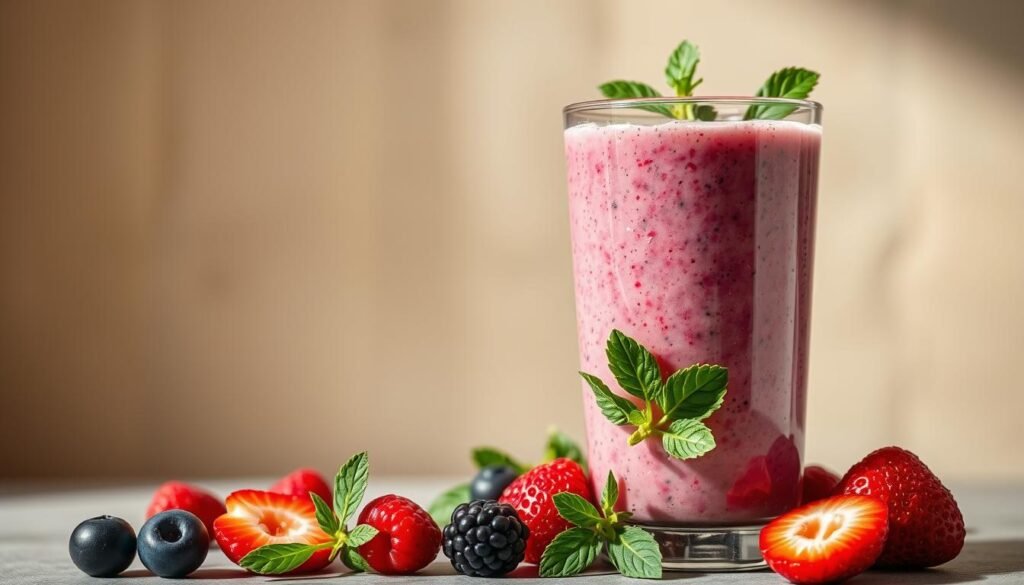A healthy low-calorie smoothie with vibrant colors and a refreshing, creamy texture. A glass filled with a blend of ripe, juicy berries, crisp greens, and a touch of natural sweetener, illuminated by soft, warm lighting. The smoothie is presented in a clean, modern glass against a minimalist, neutral background, creating a visually appealing and appetizing composition. A healthy low-calorie smoothie with vibrant colors and a refreshing, creamy texture. A glass filled with a blend of ripe, juicy berries, crisp greens, and a touch of natural sweetener, illuminated by soft, warm lighting. The smoothie is presented in a clean, modern glass against a minimalist, neutral background, creating a visually appealing and appetizing composition.
