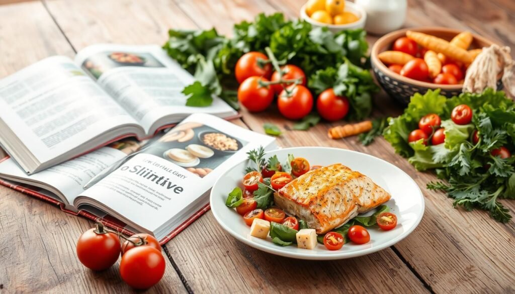 A healthy, nutritious still life of low-calorie diet recipes on a rustic wooden table. In the foreground, a plate showcases a balanced meal of grilled salmon, roasted vegetables, and a fresh salad. Nearby, an open cookbook displays additional slimming recipe options. The middle ground features various fresh ingredients such as leafy greens, tomatoes, and herbs. The background is softly lit, evoking a calming, spa-like ambiance to complement the wellness theme. The composition emphasizes clean eating, simplicity, and an overall sense of wholesome, low-calios culinary delight. A healthy, nutritious still life of low-calorie diet recipes on a rustic wooden table. In the foreground, a plate showcases a balanced meal of grilled salmon, roasted vegetables, and a fresh salad. Nearby, an open cookbook displays additional slimming recipe options. The middle ground features various fresh ingredients such as leafy greens, tomatoes, and herbs. The background is softly lit, evoking a calming, spa-like ambiance to complement the wellness theme. The composition emphasizes clean eating, simplicity, and an overall sense of wholesome, low-calios culinary delight.