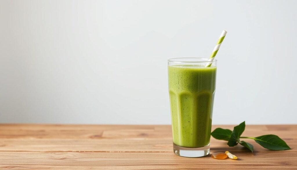 A healthy post-workout smoothie with a vibrant green hue, poured into a clear glass with a straw, placed on a wooden table against a plain white background. The smoothie features a blend of leafy greens, such as spinach or kale, combined with fresh fruits like banana, pineapple, and a touch of honey for natural sweetness. The lighting is soft and natural, highlighting the smoothie's inviting texture and the table's rustic elegance. The composition emphasizes the smoothie as the focal point, conveying a sense of refreshment and nourishment after a vigorous workout session. A healthy post-workout smoothie with a vibrant green hue, poured into a clear glass with a straw, placed on a wooden table against a plain white background. The smoothie features a blend of leafy greens, such as spinach or kale, combined with fresh fruits like banana, pineapple, and a touch of honey for natural sweetness. The lighting is soft and natural, highlighting the smoothie's inviting texture and the table's rustic elegance. The composition emphasizes the smoothie as the focal point, conveying a sense of refreshment and nourishment after a vigorous workout session.