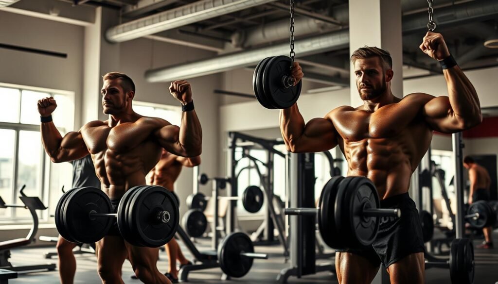 A high-contrast, cinematic image of muscular men performing compound exercises in a modern, well-equipped gym. The foreground features a group of athletes engaged in intense weight training, their chiseled physiques glistening with sweat under dramatic lighting. The middle ground showcases specialized equipment like barbells, dumbbells, and resistance machines, while the background depicts a clean, minimalist gym setting with high ceilings and large windows allowing natural light to pour in. The overall mood is one of focused determination, physical power, and the pursuit of building a stronger, more impressive physique. A high-contrast, cinematic image of muscular men performing compound exercises in a modern, well-equipped gym. The foreground features a group of athletes engaged in intense weight training, their chiseled physiques glistening with sweat under dramatic lighting. The middle ground showcases specialized equipment like barbells, dumbbells, and resistance machines, while the background depicts a clean, minimalist gym setting with high ceilings and large windows allowing natural light to pour in. The overall mood is one of focused determination, physical power, and the pursuit of building a stronger, more impressive physique.