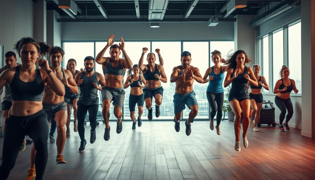 A high-intensity interval training (HIIT) cardio workout scene featuring a diverse group of people engaging in various dynamic exercises like jumping jacks, burpees, and mountain climbers. The foreground shows a blend of focused expressions, sweat-drenched bodies, and determined movements, while the middle ground depicts a modern, minimalist gym interior with sleek equipment and a motivating ambiance. The background subtly hints at an urban landscape through large windows, conveying a sense of energy and urban vitality. The lighting is a combination of natural daylight and warm, focused spotlights, creating dramatic shadows and highlights that accentuate the athleticism of the participants. The overall mood is one of intense physical exertion, determination, and a relentless pursuit of fitness goals. A high-intensity interval training (HIIT) cardio workout scene featuring a diverse group of people engaging in various dynamic exercises like jumping jacks, burpees, and mountain climbers. The foreground shows a blend of focused expressions, sweat-drenched bodies, and determined movements, while the middle ground depicts a modern, minimalist gym interior with sleek equipment and a motivating ambiance. The background subtly hints at an urban landscape through large windows, conveying a sense of energy and urban vitality. The lighting is a combination of natural daylight and warm, focused spotlights, creating dramatic shadows and highlights that accentuate the athleticism of the participants. The overall mood is one of intense physical exertion, determination, and a relentless pursuit of fitness goals.