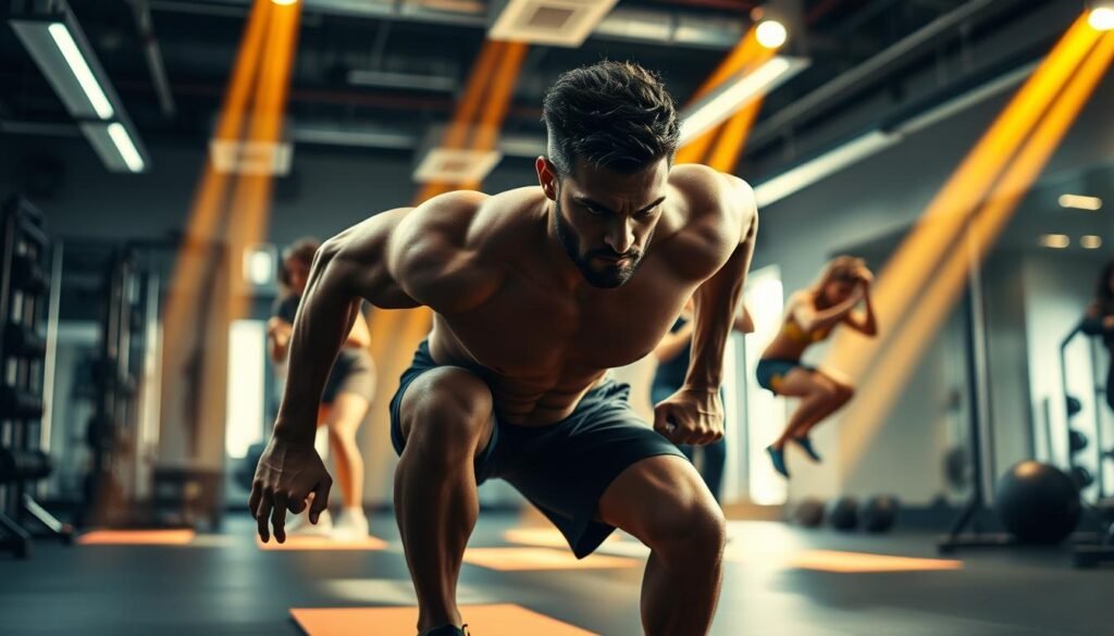 A high-intensity interval training (HIIT) session taking place in a modern, well-equipped gym. The foreground features a determined athlete performing burpees, their muscles straining with effort. Beams of warm, focused lighting illuminate the scene, casting dramatic shadows. In the middle ground, other HIIT exercises are visible, such as jump squats and mountain climbers, all executed with intense focus. The background showcases sleek fitness equipment and a minimalist, yet motivating gym interior design. The overall atmosphere conveys the challenge and dynamism of HIIT, highlighting its effectiveness in rapidly burning calories and boosting metabolism. A high-intensity interval training (HIIT) session taking place in a modern, well-equipped gym. The foreground features a determined athlete performing burpees, their muscles straining with effort. Beams of warm, focused lighting illuminate the scene, casting dramatic shadows. In the middle ground, other HIIT exercises are visible, such as jump squats and mountain climbers, all executed with intense focus. The background showcases sleek fitness equipment and a minimalist, yet motivating gym interior design. The overall atmosphere conveys the challenge and dynamism of HIIT, highlighting its effectiveness in rapidly burning calories and boosting metabolism.